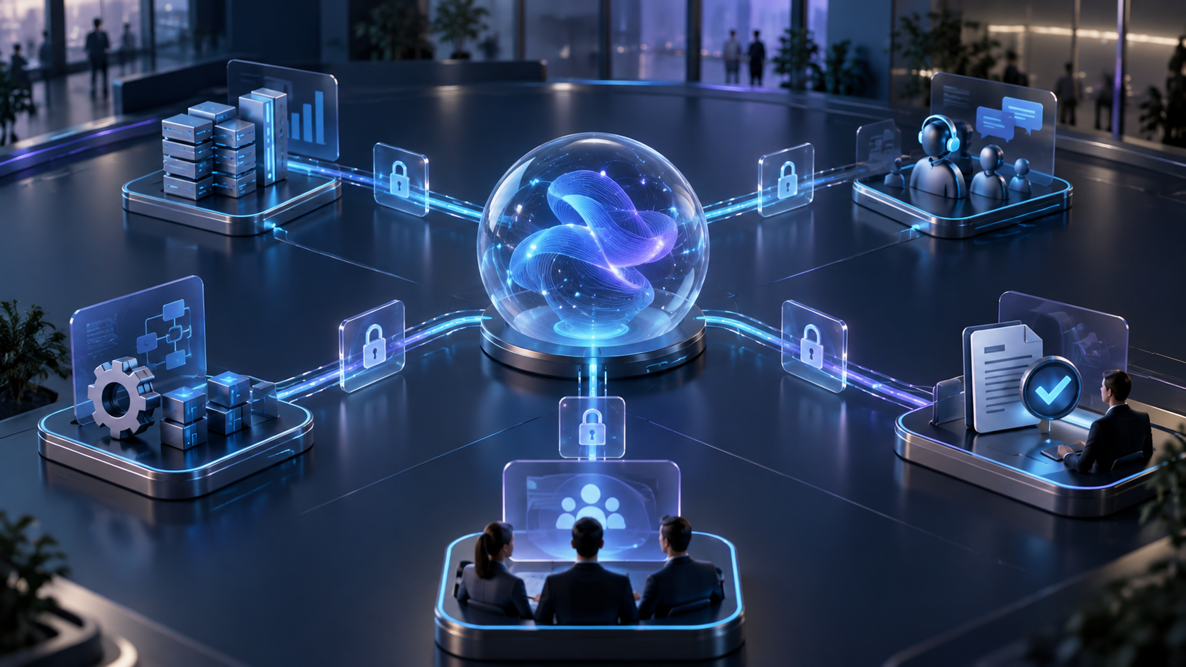 Agente de inteligência artificial coordenando sistemas empresariais com controles de segurança