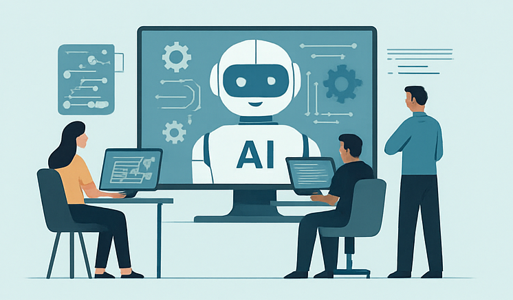 Conceito de colaboração entre IA e desenvolvedores em uma software house