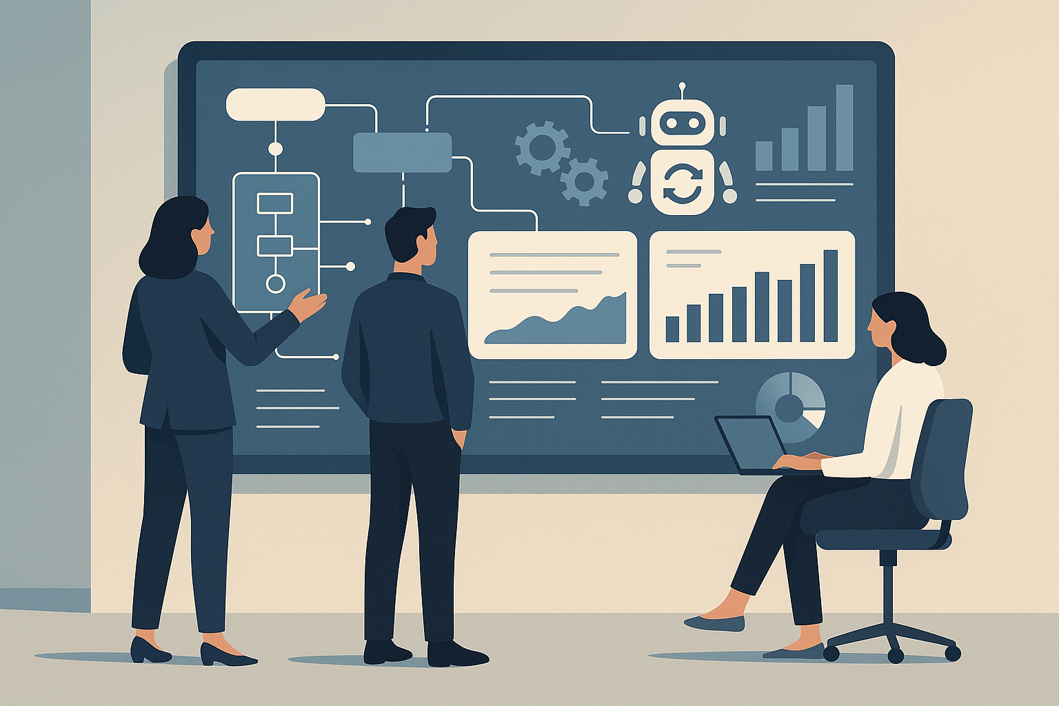 Ilustração de profissionais planejando um sistema sob medida em frente a um painel digital