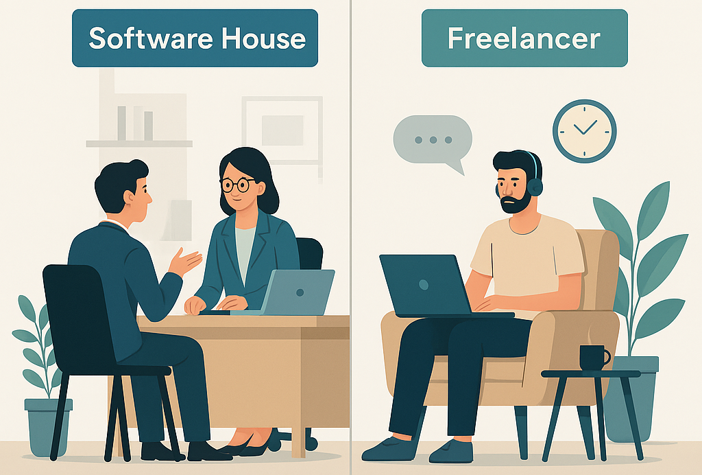 Profissionais de uma software house colaborando em um projeto de tecnologia